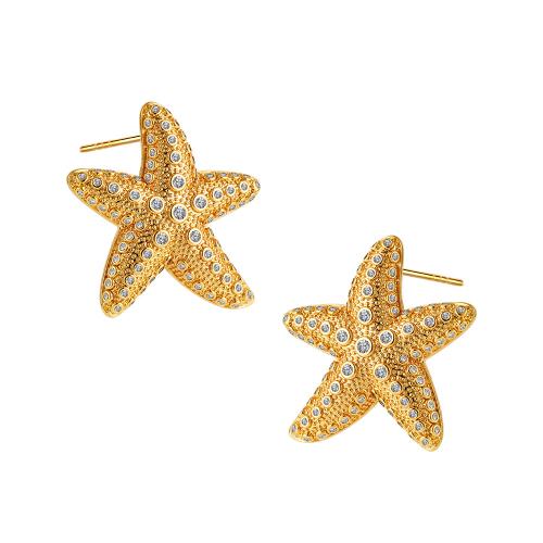 Brass Stud Earring Starfish 18K gold plated fashion jewelry & for woman & with rhinestone Sold By Pair