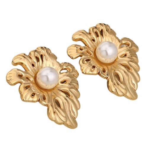 Roestvrij staal Stud Earrings, 304 roestvrij staal, met Plastic Pearl, Bloem, plated, mode sieraden & voor vrouw & hol, meer kleuren voor de keuze, Verkocht door pair