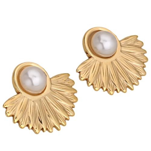 Roestvrij staal Stud Earrings, 304 roestvrij staal, met Plastic Pearl, Fan, plated, mode sieraden & voor vrouw, meer kleuren voor de keuze, Verkocht door pair