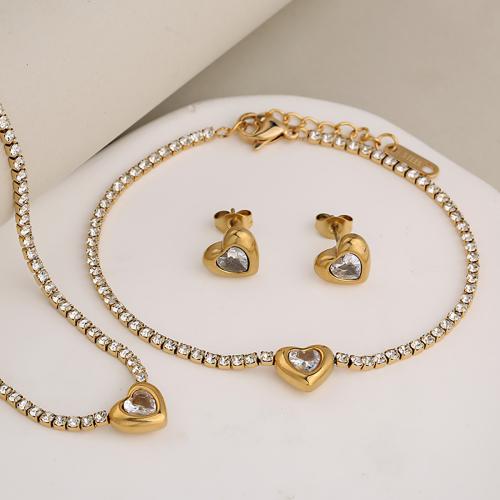 Ensemble bijoux strass en acier inoxydable, Boucle d’oreille stud & Bracelet & collier, Acier inoxydable 304, avec zircon cubique, Placage, trois pièces & pour femme & avec strass, plus de couleurs à choisir, Vendu par fixé