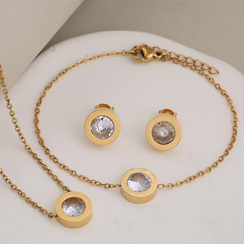 Ensembles de bijoux en zircon cubique en acier inoxydable, Boucle d’oreille stud & Bracelet & collier, Acier inoxydable 304, Placage, trois pièces & pavé de micro zircon & pour femme, plus de couleurs à choisir, Vendu par fixé