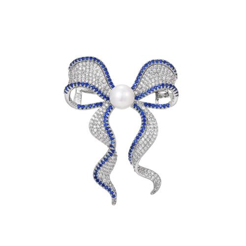 Messing Broche, met Shell Pearl, plated, micro pave zirconia & voor vrouw, zilver, 48x37mm, Verkocht door PC