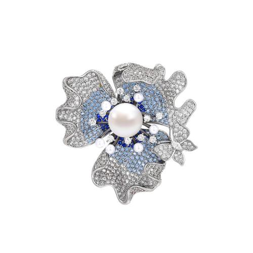 Messing Broche, met Shell Pearl, plated, micro pave zirconia & voor vrouw, zilver, 41x41mm, Verkocht door PC