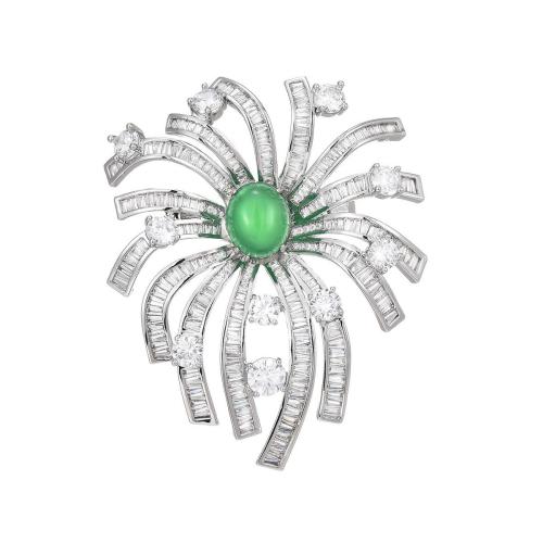 Brass Brooch with Green Calcedony plated micro pave cubic zirconia & for woman silver color Sold By PC