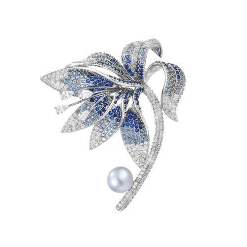 Brass Brooch with Freshwater Pearl micro pave cubic zirconia & for woman silver color Sold By PC