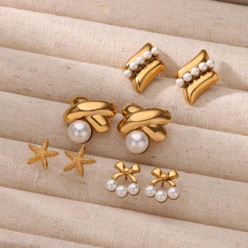 Stainless Steel Stud Earrings 304 Stainless Steel with Plastic Pearl Vacuum Ion Plating & for woman Sold By Pair