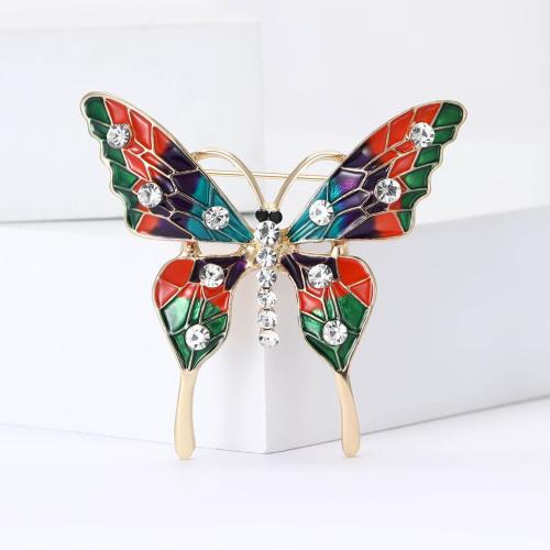 Zinc Alloy Brocher, Butterfly, guldfarve belagt, for kvinde & emalje & med rhinestone, flerfarvede, nikkel, bly & cadmium fri, Solgt af PC