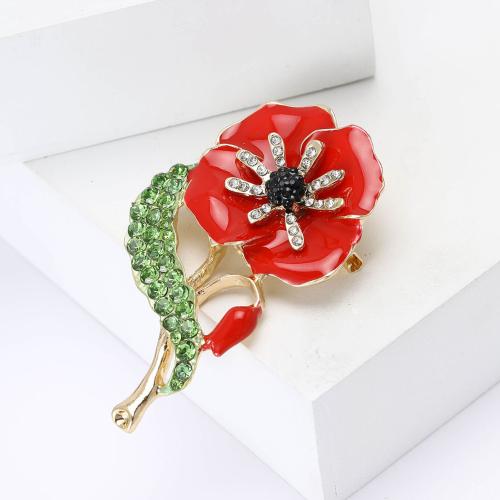 Zinc Alloy Brooches Flower gold color plated for woman & epoxy gel & with rhinestone red nickel lead & cadmium free Sold By PC