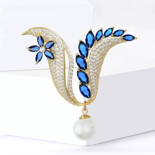 Plástico Broche Perla, metal, con Perlas plásticas, Flor, chapado en color dorado, para mujer & con diamantes de imitación, azul, libre de níquel, plomo & cadmio, Vendido por UD