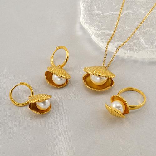 Fashion Stainless Steel Jewelry Sets 304 Stainless Steel with Plastic Pearl Shell 18K gold plated fashion jewelry & for woman Sold By PC