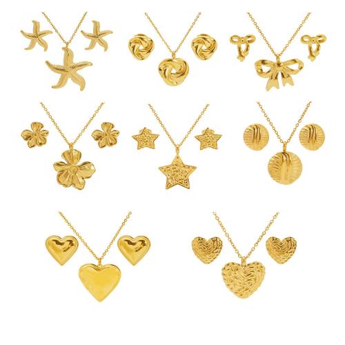 Parures de bijoux en acier inoxydable, Boucle d’oreille stud & collier, Acier inoxydable 304, Plaqué or 18K, 2 pièces & styles différents pour le choix & pour femme, Vendu par fixé