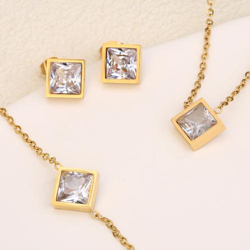 Cubic Zirconia Stainless Steel Jewelry Sets Stud Earring & bracelet & necklace 304 Stainless Steel with Cubic Zirconia Square plated three pieces & fashion jewelry & for woman Sold By Set