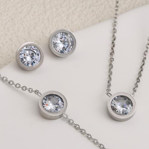 Rhinestone Stainless Steel Jewelry Set Stud Earring & bracelet & necklace 304 Stainless Steel plated three pieces & for woman & with rhinestone Sold By Set