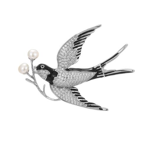 Brass Brooch with Freshwater Pearl micro pave cubic zirconia & for woman silver color Sold By PC