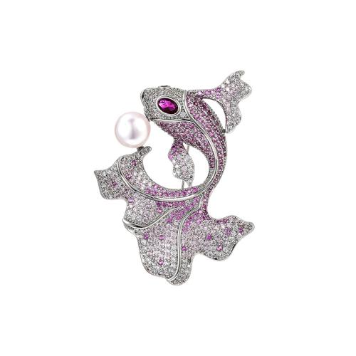 Mässing Brosch, med Freshwater Pearl, plated, micro bana cubic zirconia & för kvinna, silver, 44x57mm, Säljs av PC