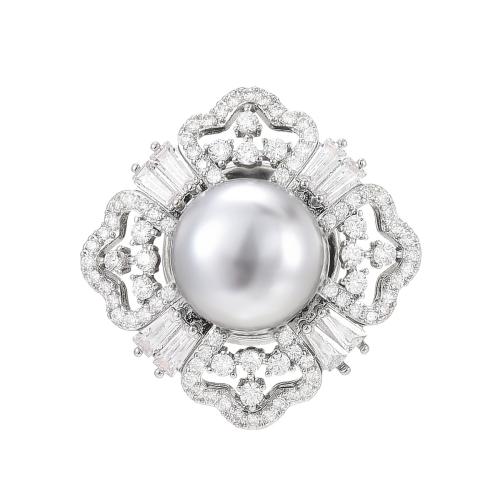 Brass Brooch with Shell Pearl plated micro pave cubic zirconia & for woman silver color Sold By PC