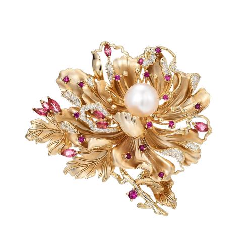 Brass Brooch with Freshwater Pearl micro pave cubic zirconia & for woman golden Sold By PC