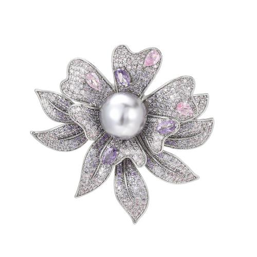 Brass Brooch with Shell Pearl plated micro pave cubic zirconia & for woman silver color Sold By PC