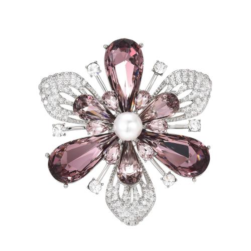 Broche cristal, laiton, avec Shell Pearl & Cristal autrichien, Placage, pavé de micro zircon & pour femme, argent, 50x51mm, Vendu par PC