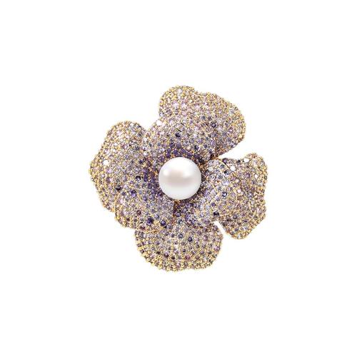 Brass Brooch with Freshwater Pearl micro pave cubic zirconia & for woman golden Sold By PC