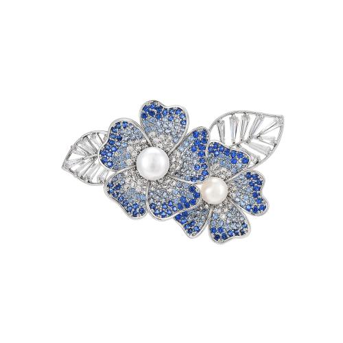 ottone spilla, with perla d'acquadolce coltivata naturalmente, placcato, Micro spianare cubic zirconia & per la donna, argento, 50x30mm, Venduto da PC