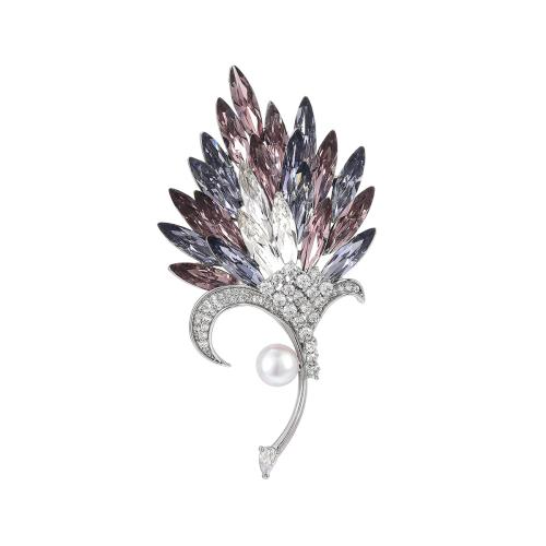 cristal Broche, metal, con Cristal austriario & Perlas cultivadas de agua dulce, chapado, micro arcilla de zirconia cúbica & para mujer, plateado, 73x38mm, Vendido por UD