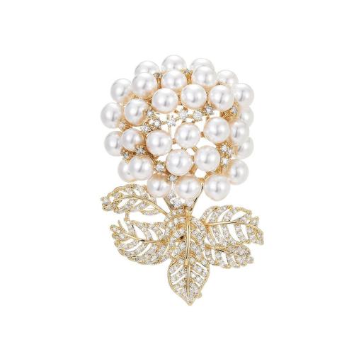 Brass Brooch with Shell Pearl plated micro pave cubic zirconia & for woman golden Sold By PC