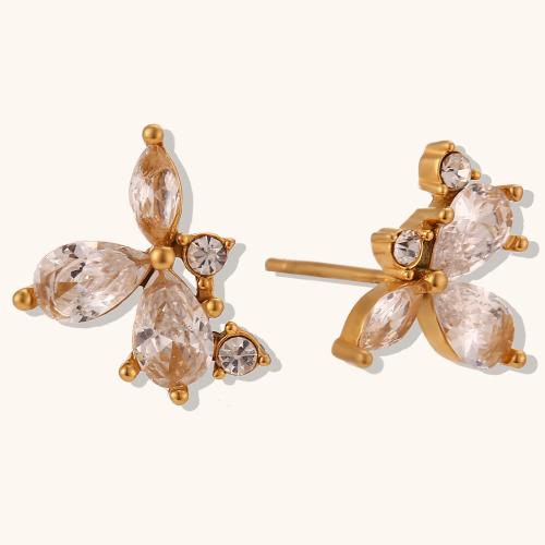 Stainless Steel Stud Earrings 304 Stainless Steel Flower gold color plated for woman & with rhinestone Sold By Pair