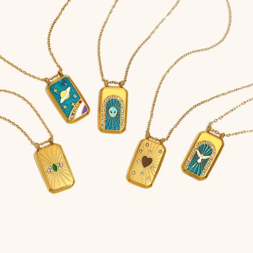 Stainless Steel Jewelry Necklace 304 Stainless Steel Rectangle gold color plated & for woman & enamel & with rhinestone Sold By PC