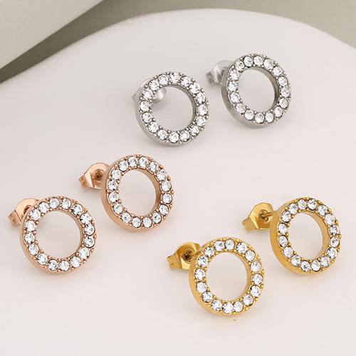 Stainless Steel Stud Earrings 304 Stainless Steel Round plated micro pave cubic zirconia & for woman & hollow Sold By Pair