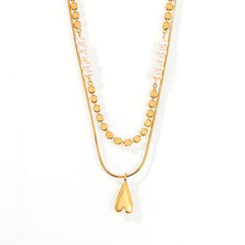 Collier en laiton, avec perle de plastique, Plaqué or 18K, 2 pièces & bijoux de mode & pour femme, Vendu par fixé