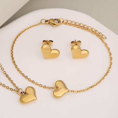 Fashion Stainless Steel Jewelry Sets Stud Earring & bracelet & necklace 304 Stainless Steel Heart plated three pieces & fashion jewelry & for woman Sold By Set