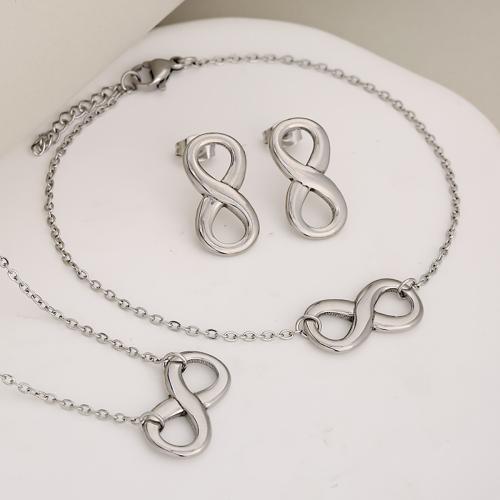 Set di gioielli in acciaio inox, Orecchino a bottone & Bracciale & Collana, 304 acciaio inox, Numero 8, placcato, tre pezzi & per la donna & cavo, nessuno, Venduto da set