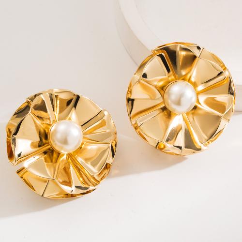 Stainless Steel Stud Earrings 304 Stainless Steel with Resin & Plastic Pearl plated fashion jewelry & for woman golden Sold By Pair