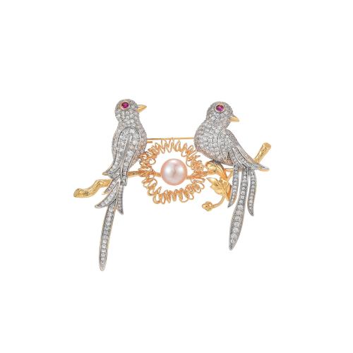 Broches de Moda, metal, con Shell Pearl, chapado, micro arcilla de zirconia cúbica & para mujer, dorado, 60x70mm, Vendido por UD