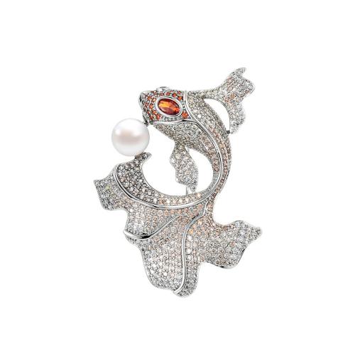 Mode Brosch smycken, Mässing, med Freshwater Pearl, plated, micro bana cubic zirconia & för kvinna, silver, 44x57mm, Säljs av PC