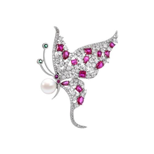 Fashion Broche Sieraden, Messing, met Zoetwater Parel, micro pave zirconia & voor vrouw, zilver, 50x60mm, Verkocht door PC