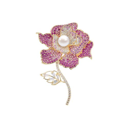 Fashion Broche Sieraden, Messing, met Zoetwater Parel, plated, micro pave zirconia & voor vrouw, gouden, 39x55mm, Verkocht door PC