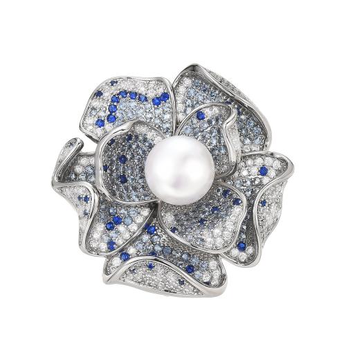 Fashion Broche Sieraden, Messing, met Zoetwater Parel, micro pave zirconia & voor vrouw, zilver, 37x38mm, Verkocht door PC