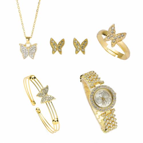 Zinc Alloy Smykker Set, Stud ørering & armbånd & Watch & fingerring & halskæde, med Glas & 304 rustfrit stål, Butterfly, guldfarve belagt, for kvinde & med rhinestone, 170x110x70mm, Solgt af sæt