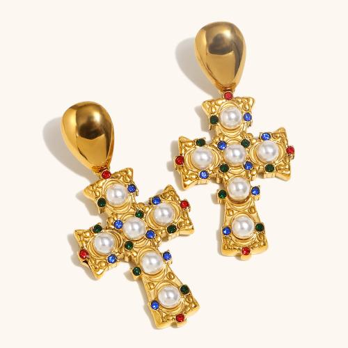 Stainless Steel Stud Earrings 304 Stainless Steel with Plastic Pearl Cross gold color plated for woman & with rhinestone Sold By Pair