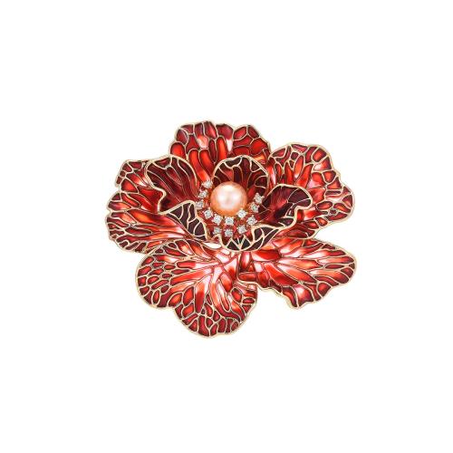 Broches de Moda, metal, con Shell Pearl, chapado, micro arcilla de zirconia cúbica & para mujer & esmalte, Rojo, 48x56mm, Vendido por UD