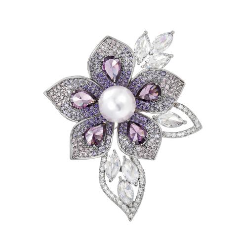 Gioielli spilla alla moda , ottone, with Shell Pearl, Micro spianare cubic zirconia & per la donna, argento, 55x58mm, Venduto da PC