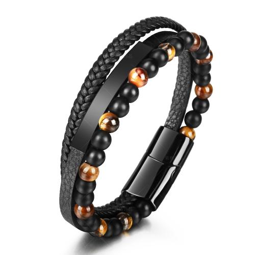 PU Leather Cord Bracelets with Gemstone & Stainless Steel plated fashion jewelry & for man Sold By Strand