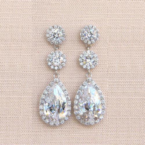 Brass Drop Earring Teardrop platinum plated micro pave cubic zirconia & for woman 32mm Sold By Pair