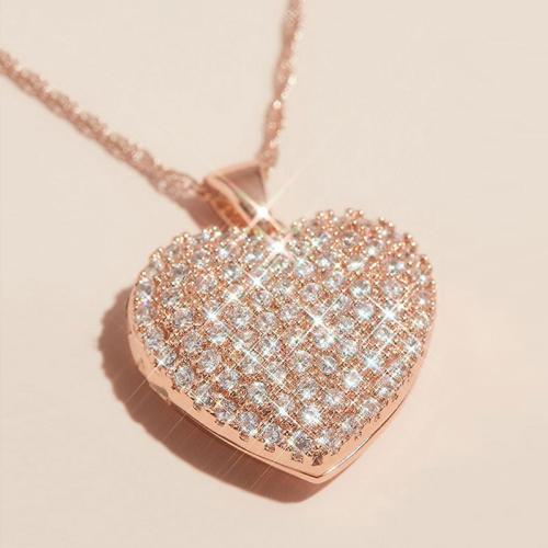 Brass Necklace Heart rose gold color plated oval chain & micro pave cubic zirconia & for woman Length Approx 18 Inch Sold By PC