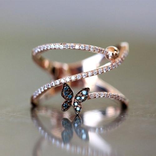 Messing Finger Ring, Vlinder, rose goud plated, verschillende grootte voor keus & micro pave zirconia & voor vrouw, Maat:6-10, Verkocht door PC