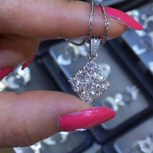 Brass Necklace Rhombus platinum plated oval chain & micro pave cubic zirconia & for woman Length Approx 18 Inch Sold By PC