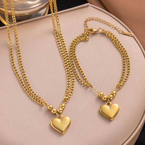 Set di gioielli in acciaio inox, 304 acciaio inox, placcato, Doppio strato & stili diversi per la scelta & per la donna, dorato, Necklace size:40-5cm, bracelet size:16-5cm., Venduto da PC