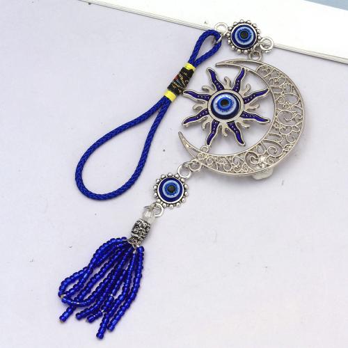 Hangende Ornamenten, Zinc Alloy, met Seedbead & Nylon Koord & Hars, Maan, silver plated, boze oog patroon & glazuur, blauw, Verkocht door PC